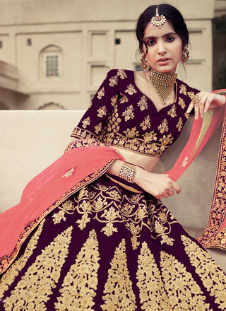 Dori And Stone Work Wine Color Satin Fabric Lehenga Choli Clothsvilla