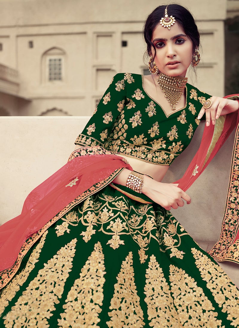 Dark Green Color Satin Material Heavy Work Kalidar Lehenga Clothsvilla