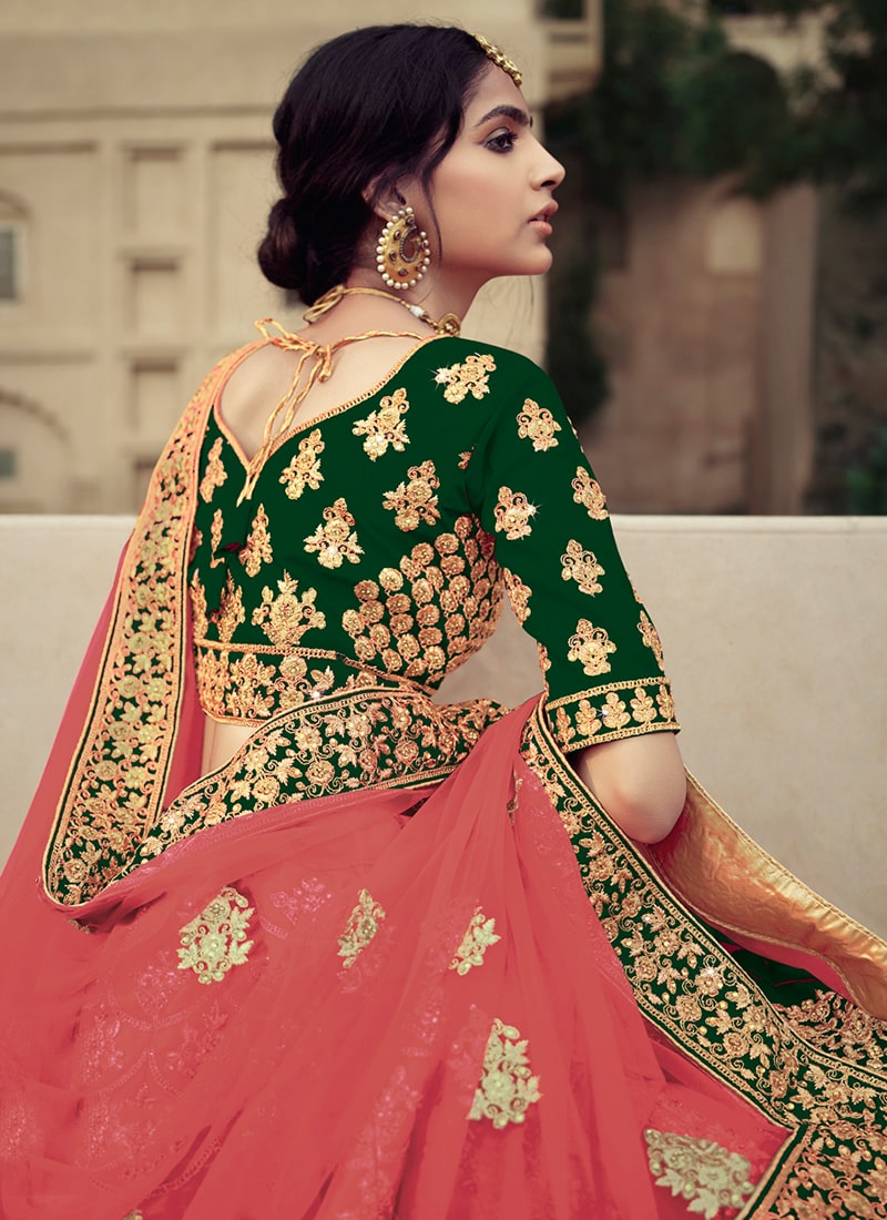 Dark Green Color Satin Material Heavy Work Kalidar Lehenga Clothsvilla