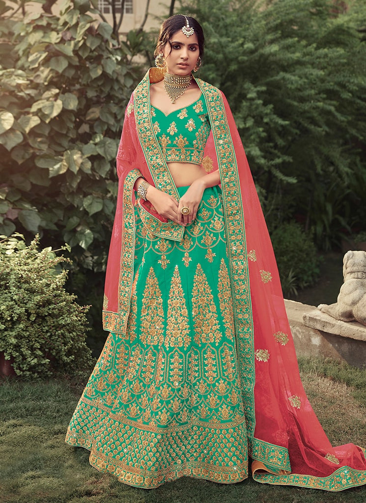 Satin Material Sea Green Color Heavy Work Lehenga Choli Clothsvilla