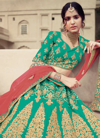 Satin Material Sea Green Color Heavy Work Lehenga Choli Clothsvilla