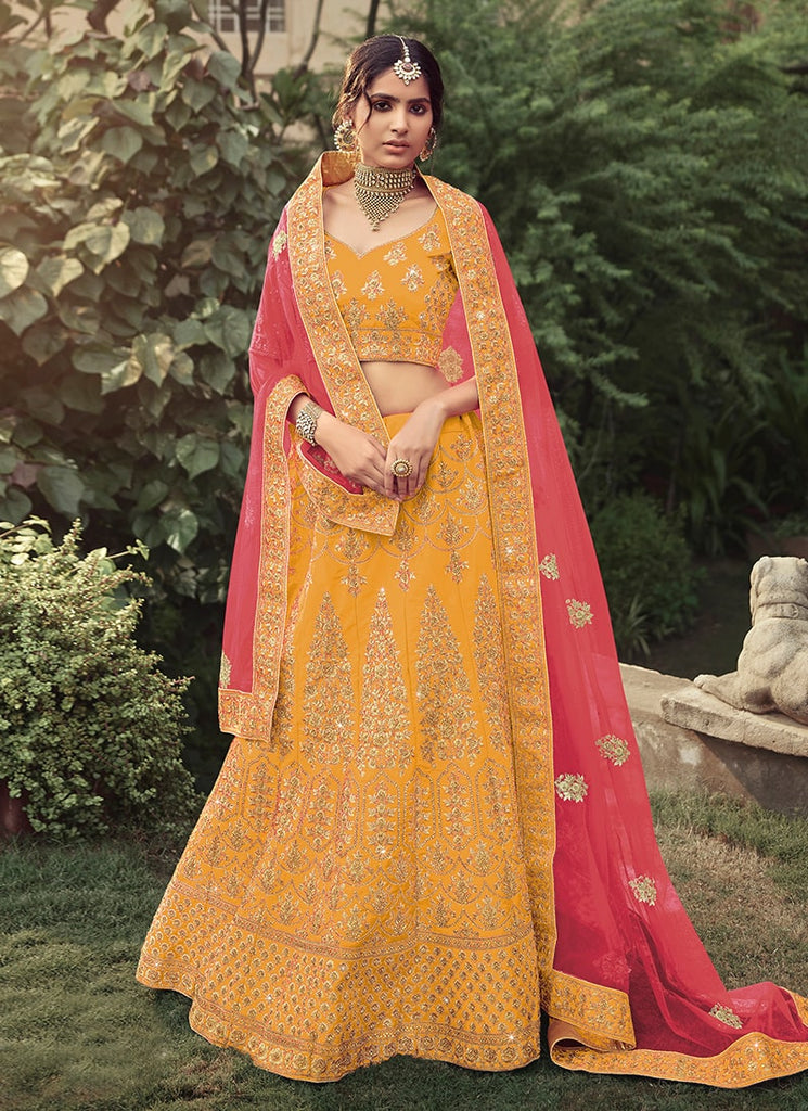 Mustard Yellow Color Heavy Work Satin Fabric Lehenga Choli Clothsvilla