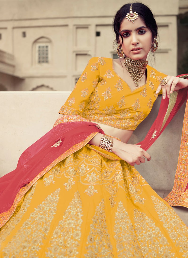 Mustard Yellow Color Heavy Work Satin Fabric Lehenga Choli Clothsvilla