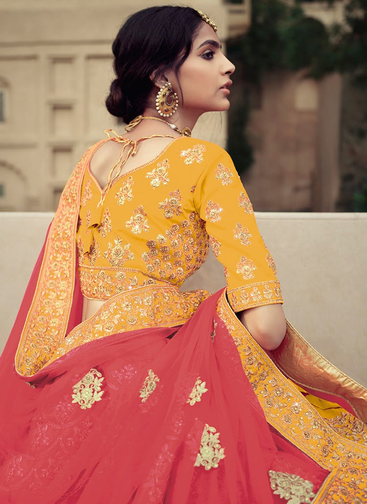 Mustard Yellow Color Heavy Work Satin Fabric Lehenga Choli Clothsvilla