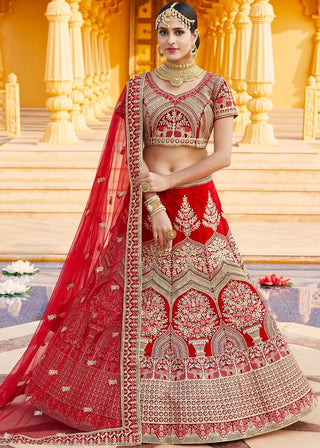 Crimson Red Velvet  Bridal Lehenga Choli with Embroidery & Hand work Clothsvilla