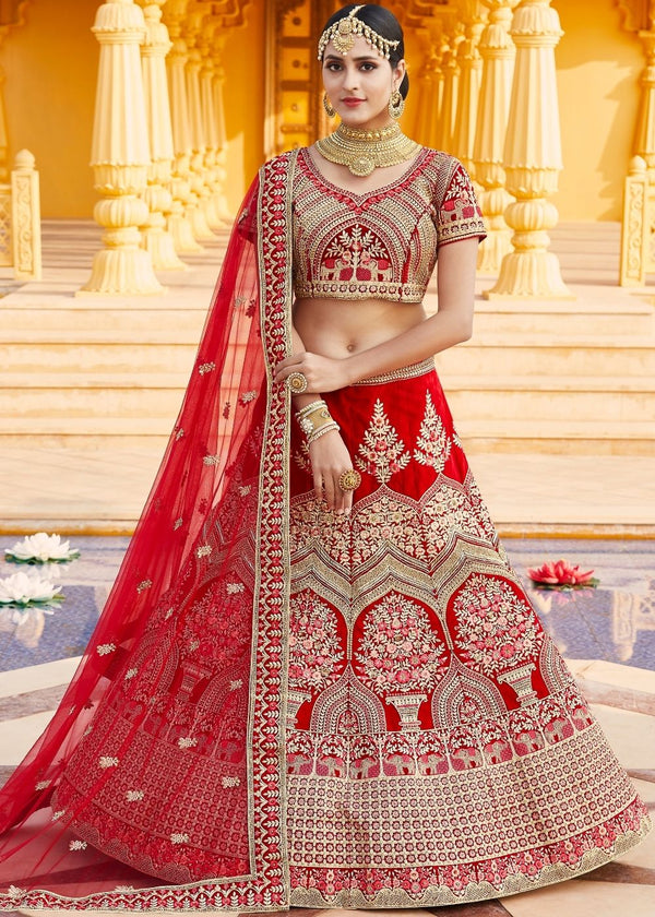 Crimson Red Velvet  Bridal Lehenga Choli with Embroidery & Hand work Clothsvilla