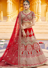 Load image into Gallery viewer, Crimson Red Velvet  Bridal Lehenga Choli with Embroidery &amp; Hand work Clothsvilla