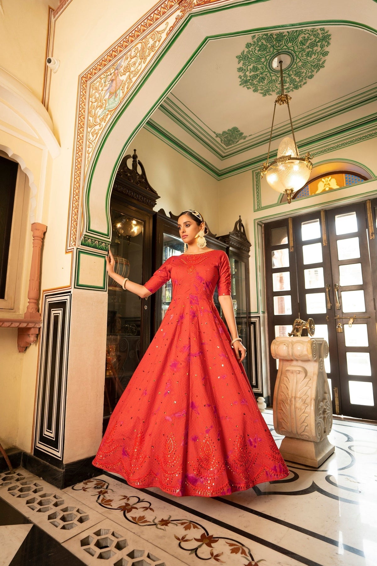 Party Wear Orange Color Shibori Print With Embroidered Gown Clothsvilla Main image