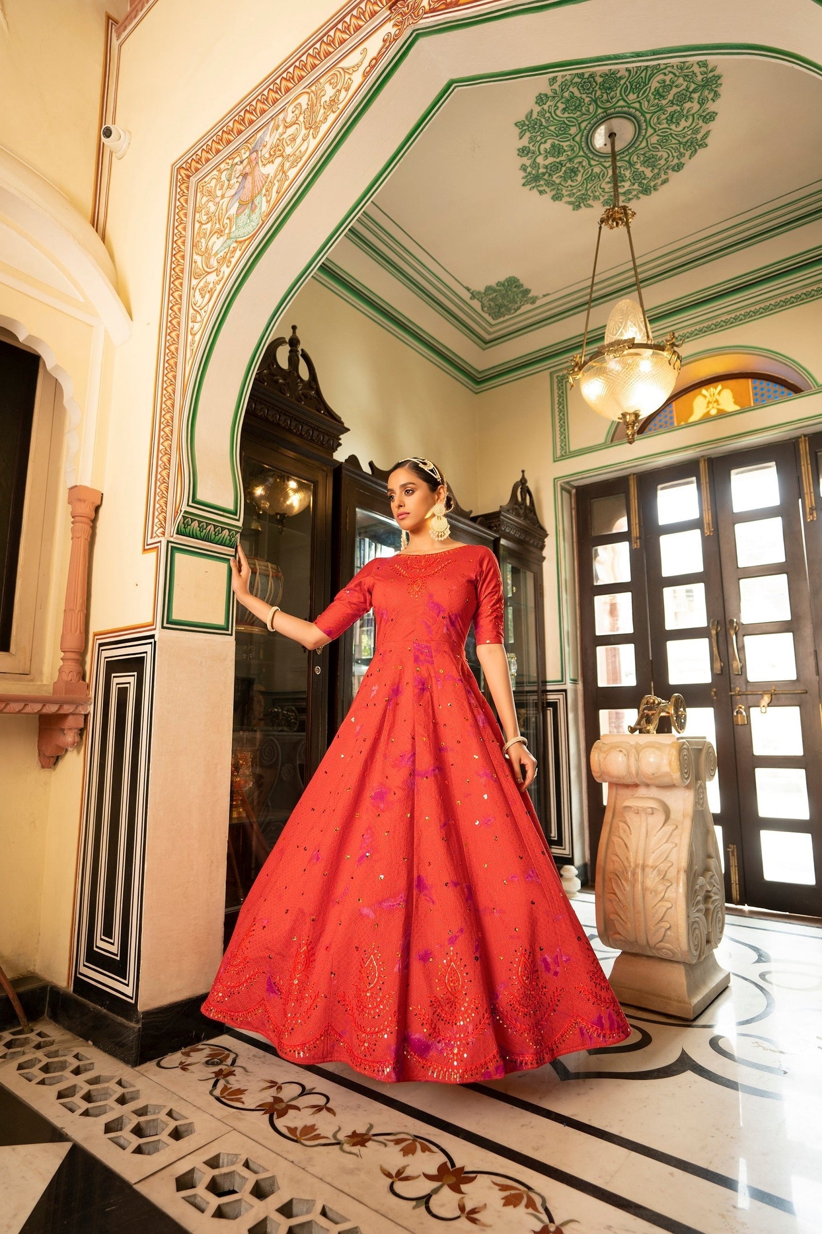 Party Wear Orange Color Shibori Print With Embroidered Gown Clothsvilla