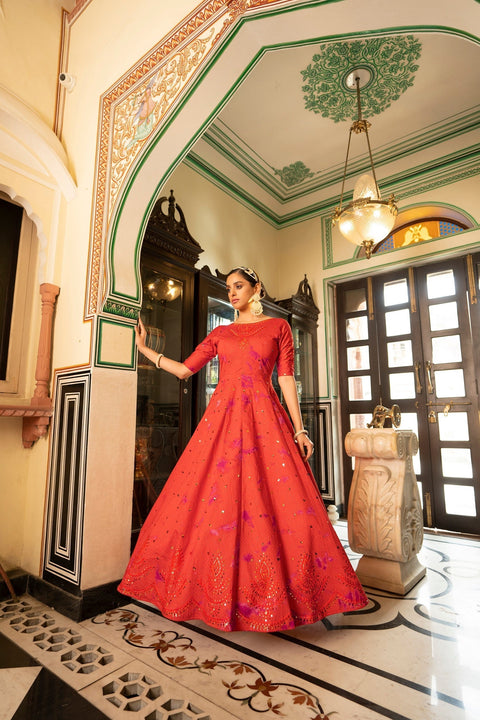 Party Wear Orange Color Shibori Print With Embroidered Gown Clothsvilla Main image