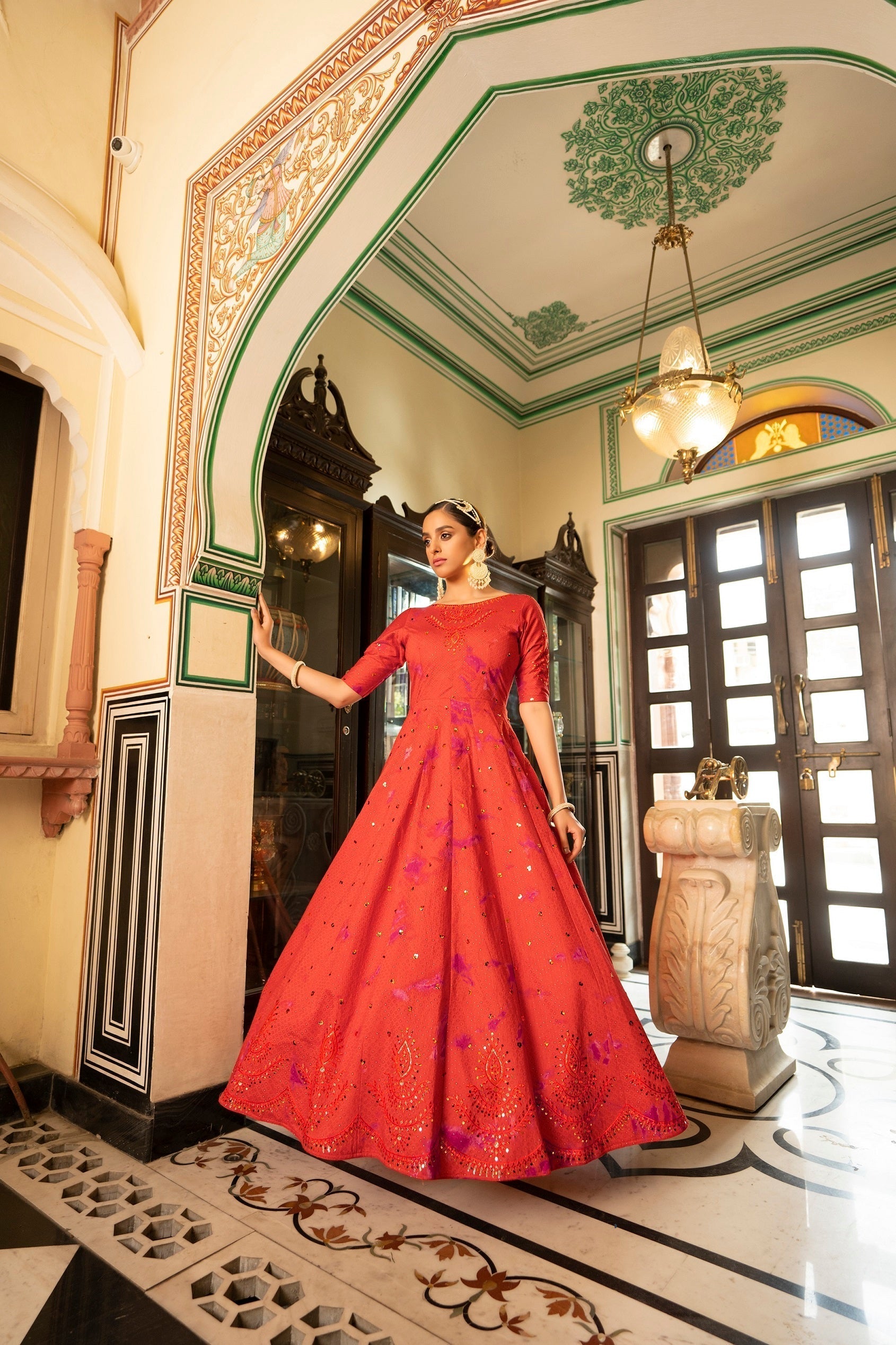 Party Wear Orange Color Shibori Print With Embroidered Gown Clothsvilla