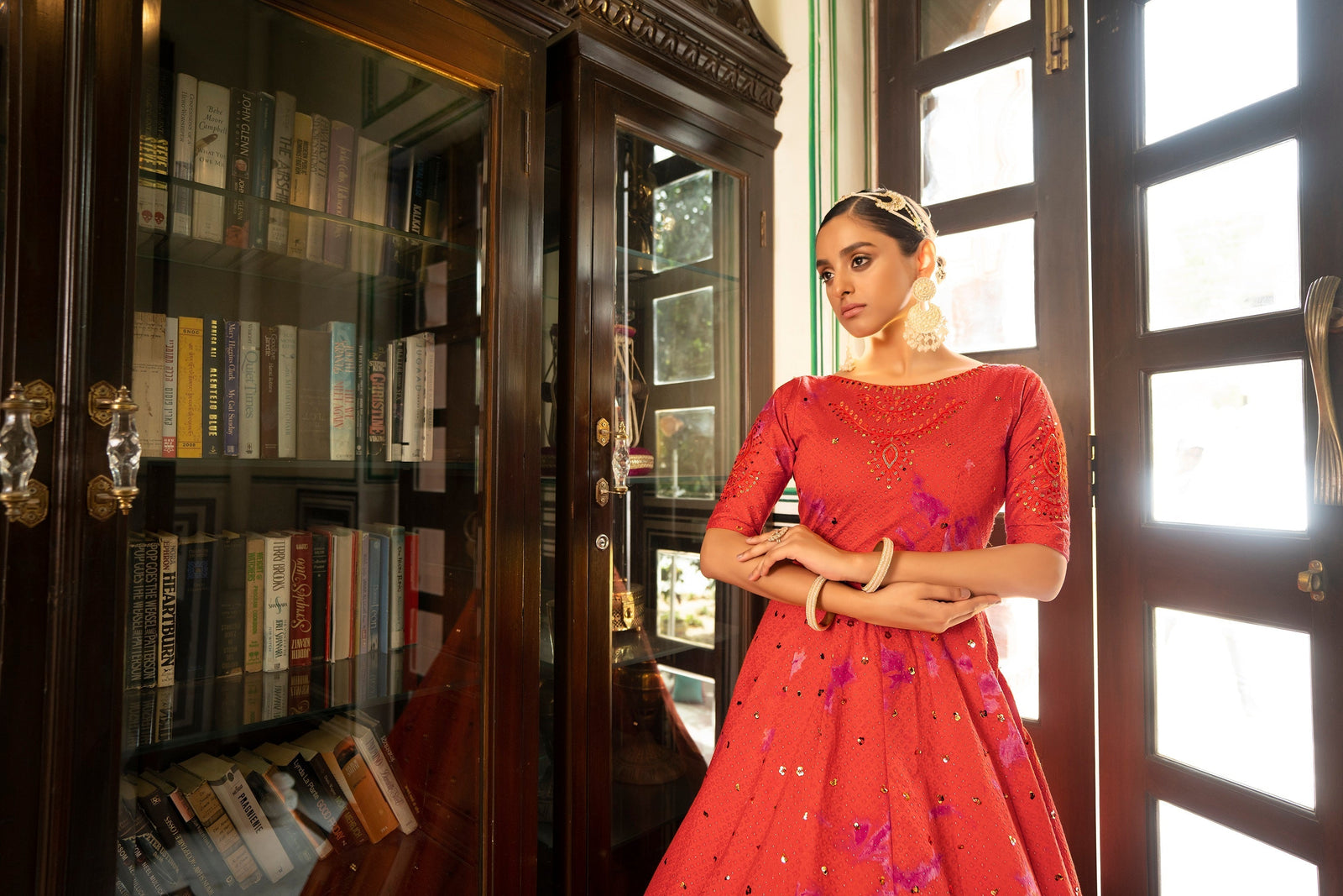 Party Wear Orange Color Shibori Print With Embroidered Gown Clothsvilla