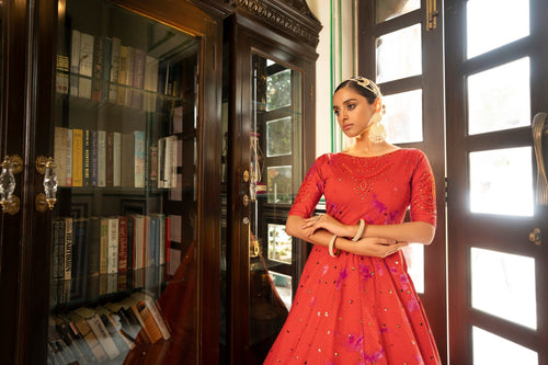Party Wear Orange Color Shibori Print With Embroidered Gown Clothsvilla
