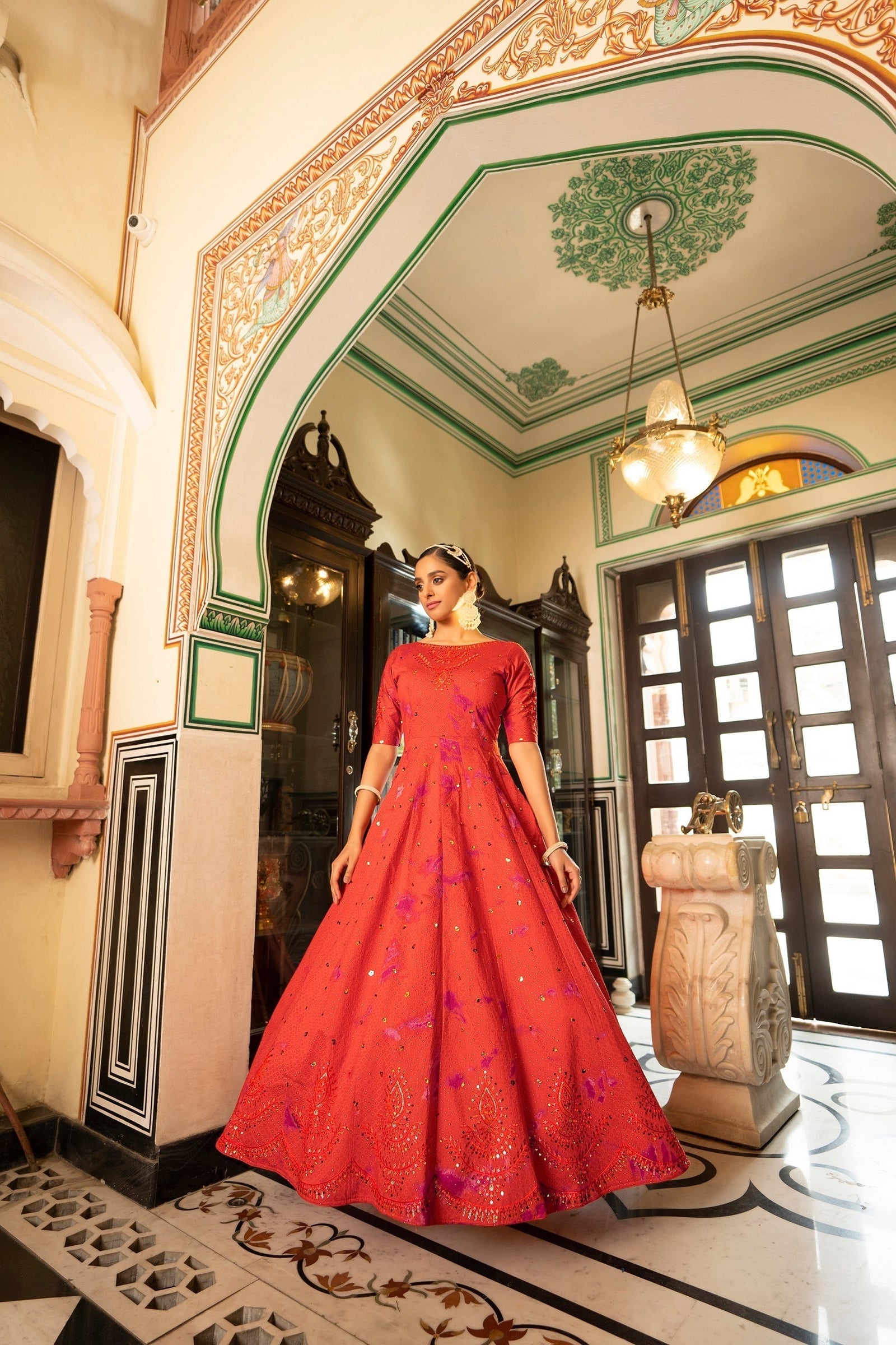 Party Wear Orange Color Shibori Print With Embroidered Gown Clothsvilla