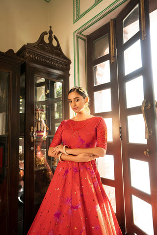 Party Wear Orange Color Shibori Print With Embroidered Gown Clothsvilla