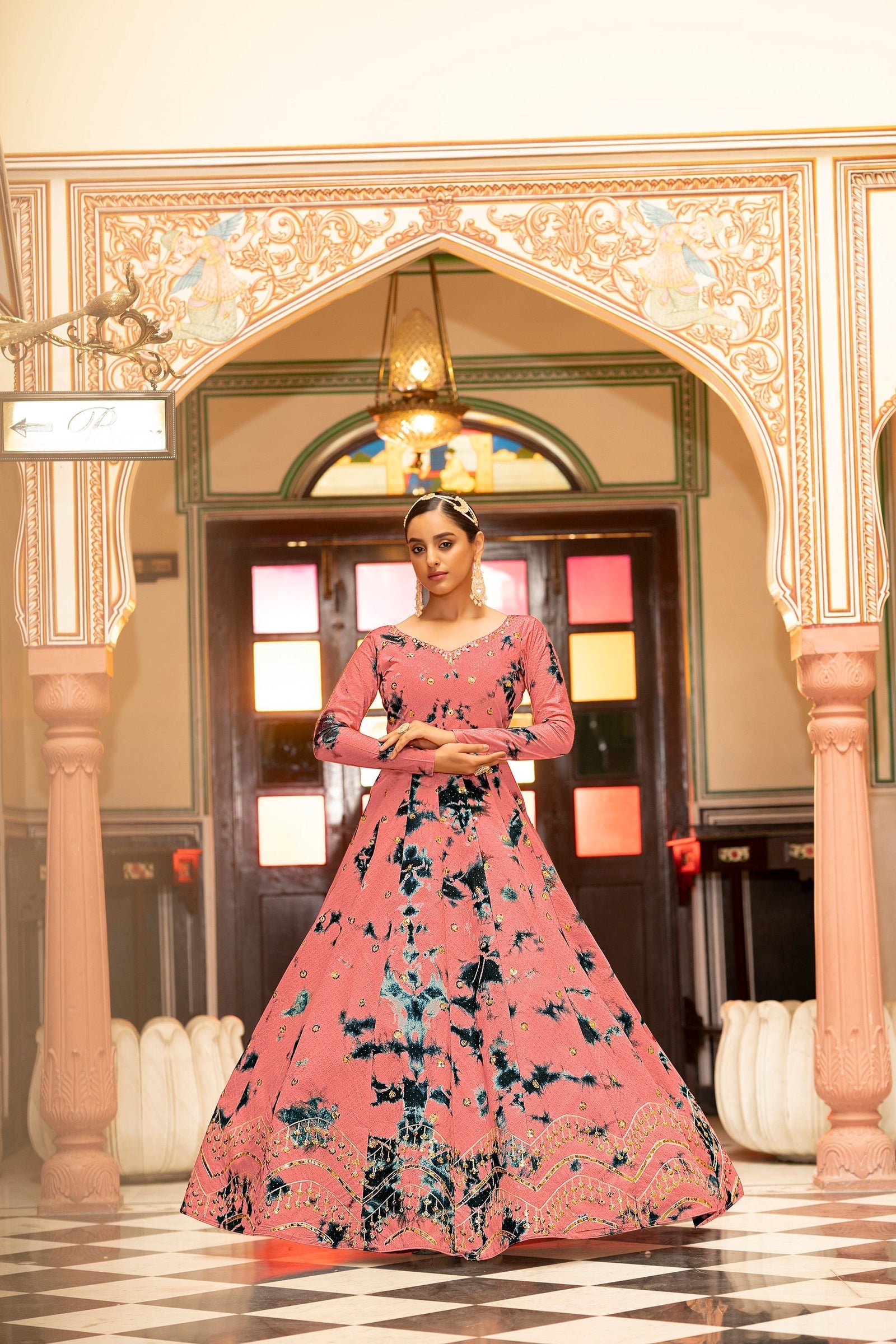 Party Wear Peach Color Shibori Print With Embroidered Gown Clothsvilla