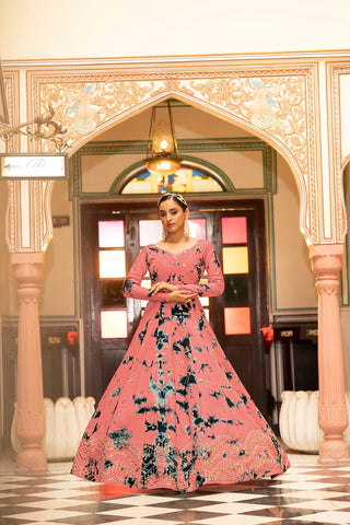 Party Wear Peach Color Shibori Print With Embroidered Gown Clothsvilla