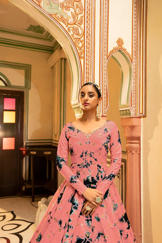 Party Wear Peach Color Shibori Print With Embroidered Gown Clothsvilla
