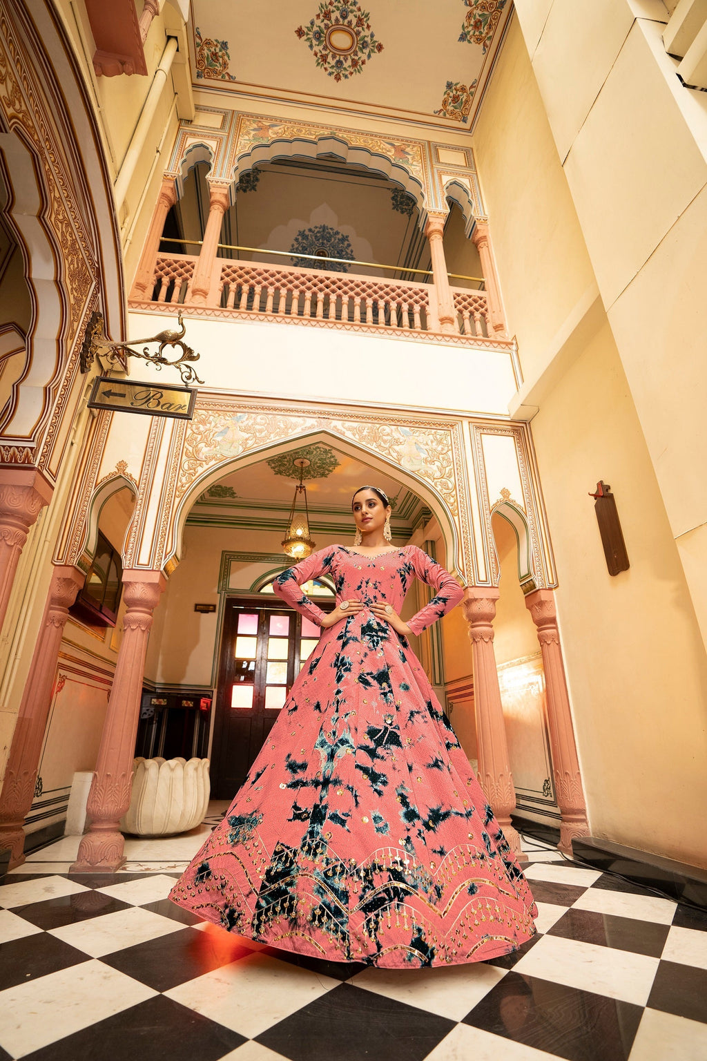 Party Wear Peach Color Shibori Print With Embroidered Gown Clothsvilla