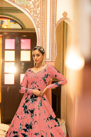 Party Wear Peach Color Shibori Print With Embroidered Gown Clothsvilla
