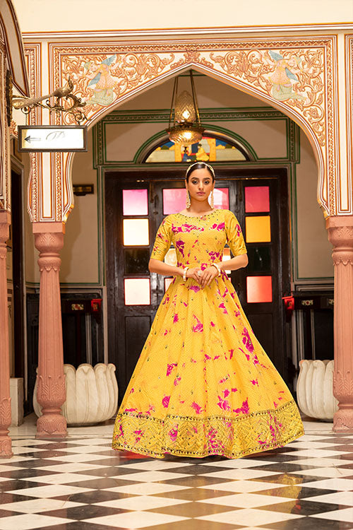 Yellow Cotton Shibori Print With Sequince Embroidered Anarkali Gown ClothsVilla.com