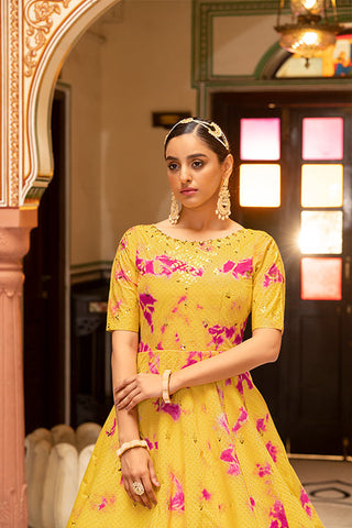 Yellow Cotton Shibori Print With Sequince Embroidered Anarkali Gown ClothsVilla.com