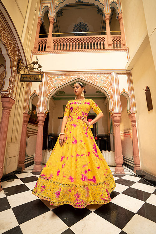 Yellow Cotton Shibori Print With Sequince Embroidered Anarkali Gown ClothsVilla.com