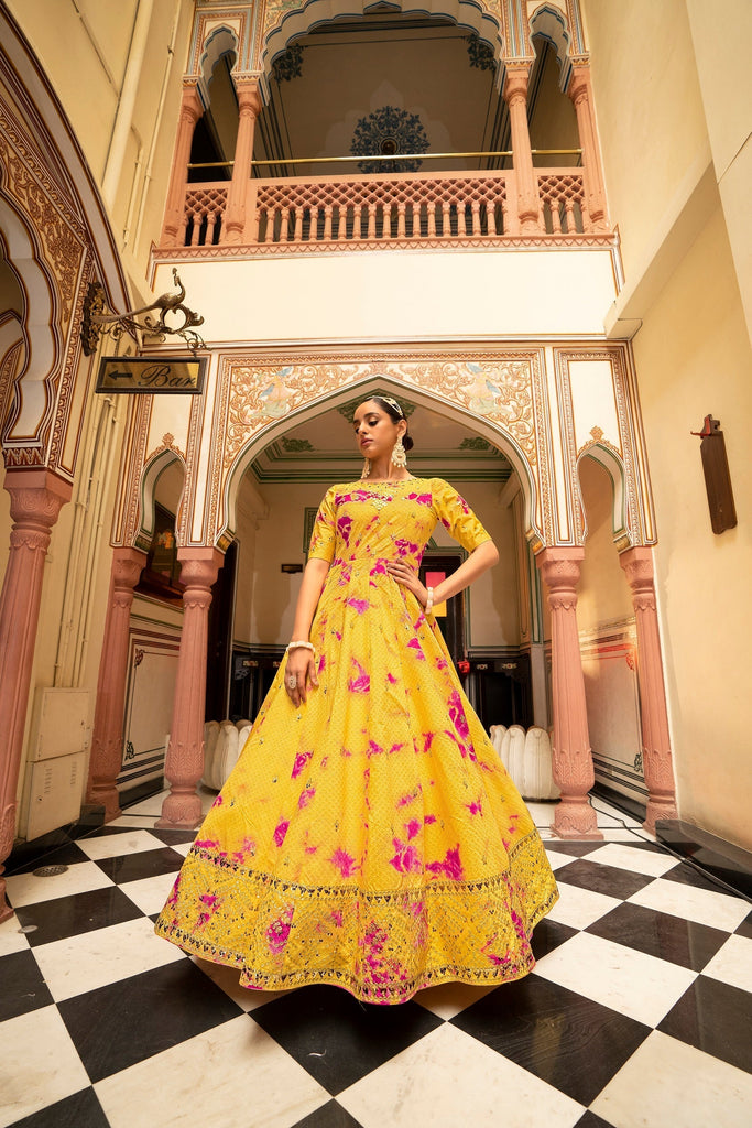 Party Wear Yellow Color Shibori Print With Embroidered Gown Clothsvilla