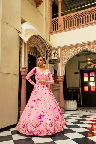 Party Wear Pink Color Shibori Print With Embroidered Gown Clothsvilla