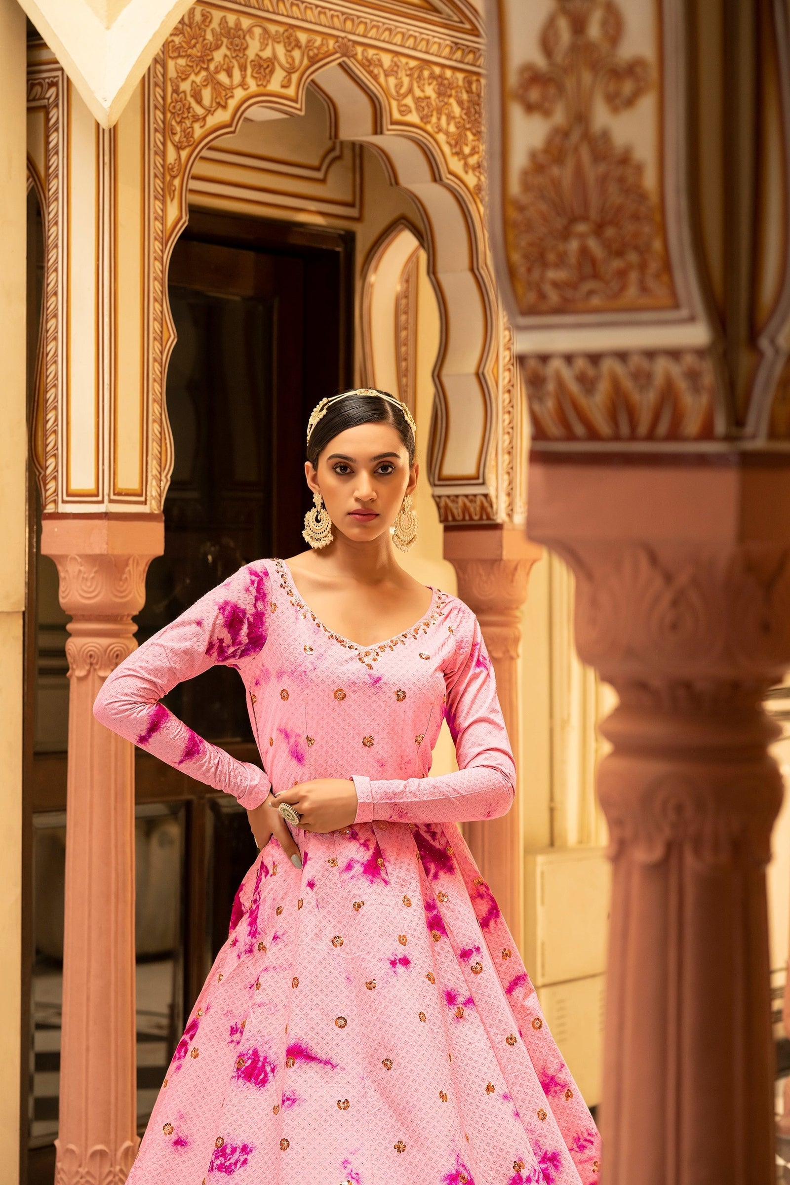 Party Wear Pink Color Shibori Print With Embroidered Gown Clothsvilla