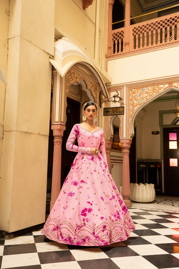Party Wear Pink Color Shibori Print With Embroidered Gown Clothsvilla