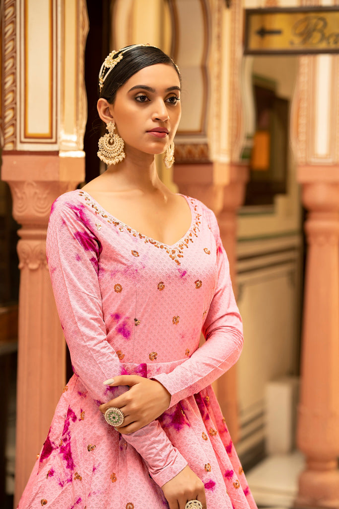 Party Wear Pink Color Shibori Print With Embroidered Gown Clothsvilla