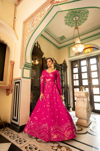 Party Wear Dark Pink Color Shibori Print With Embroidered Gown Clothsvilla