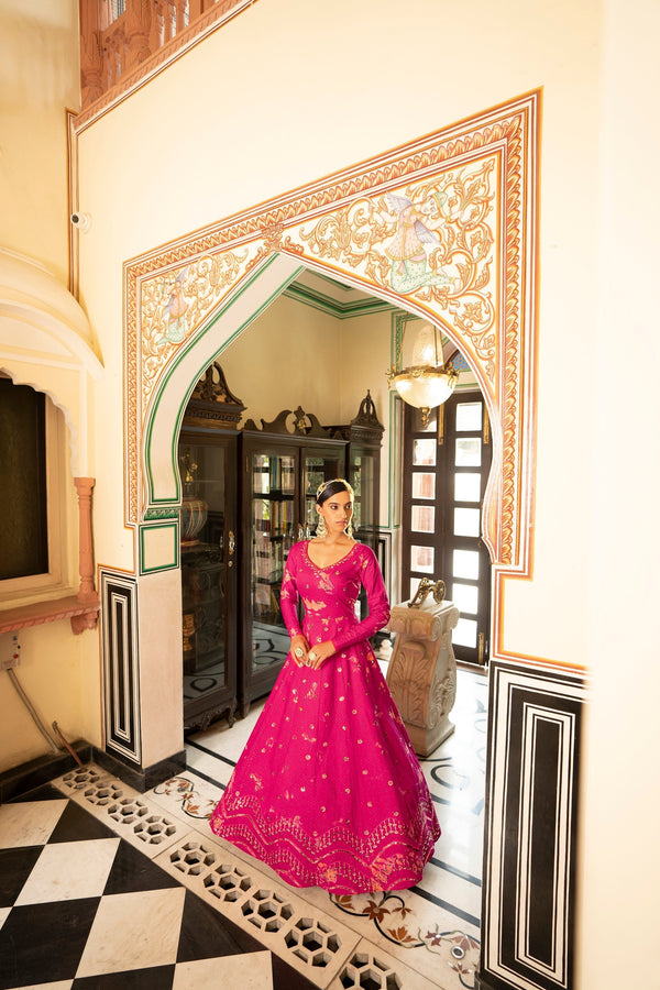 Party Wear Dark Pink Color Shibori Print With Embroidered Gown Clothsvilla