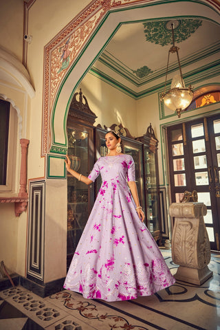 Party Wear Lavender Color Shibori Print With Embroidered Gown Clothsvilla