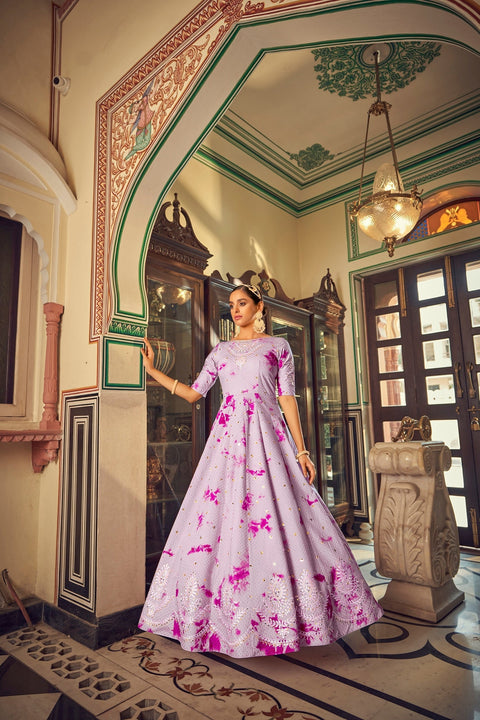Party Wear Lavender Color Shibori Print With Embroidered Gown Clothsvilla Main image