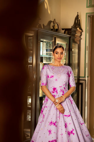 Party Wear Lavender Color Shibori Print With Embroidered Gown Clothsvilla