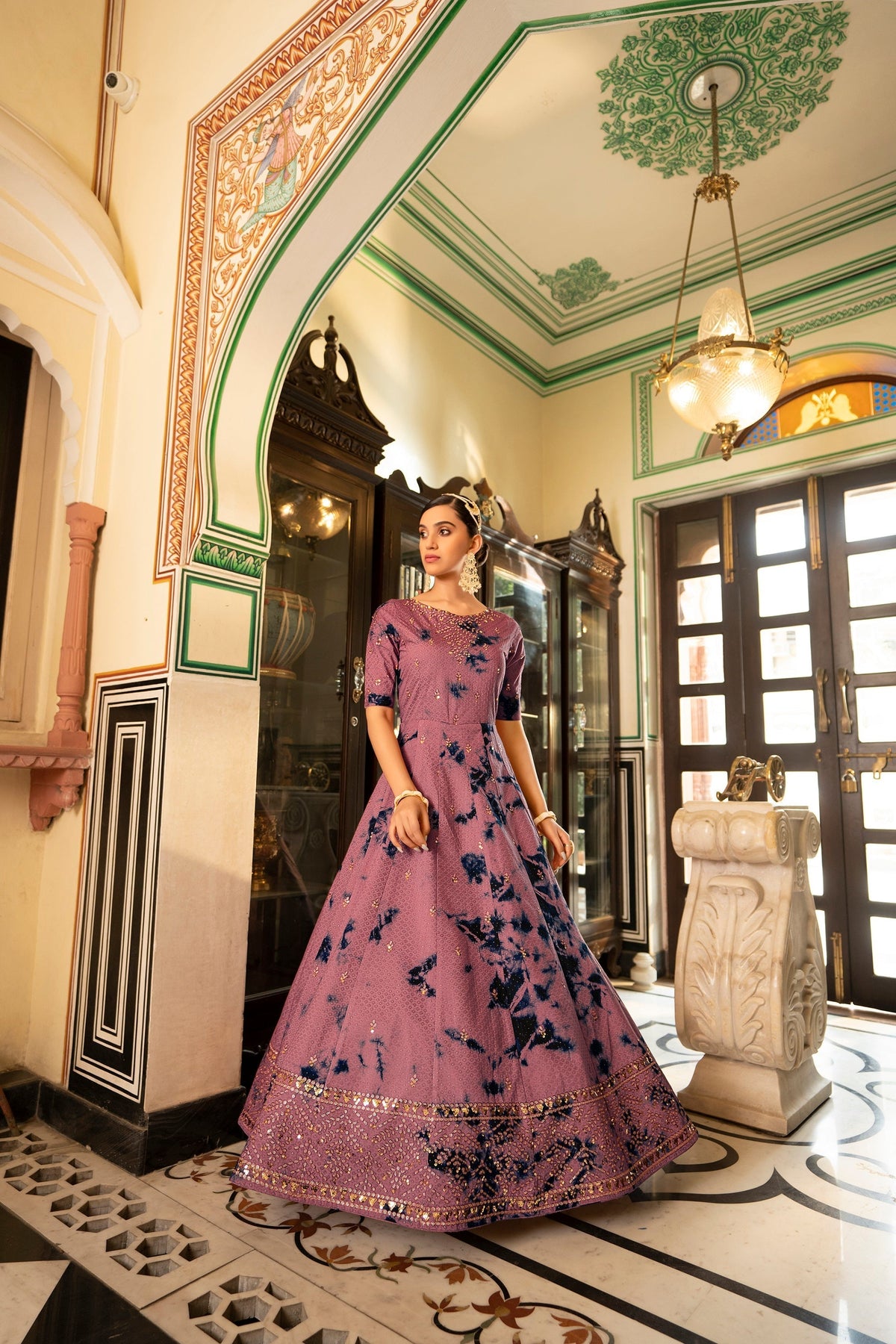 Party Wear Dusty Pink Color Shibori Print With Embroidered Gown Clothsvilla Main image