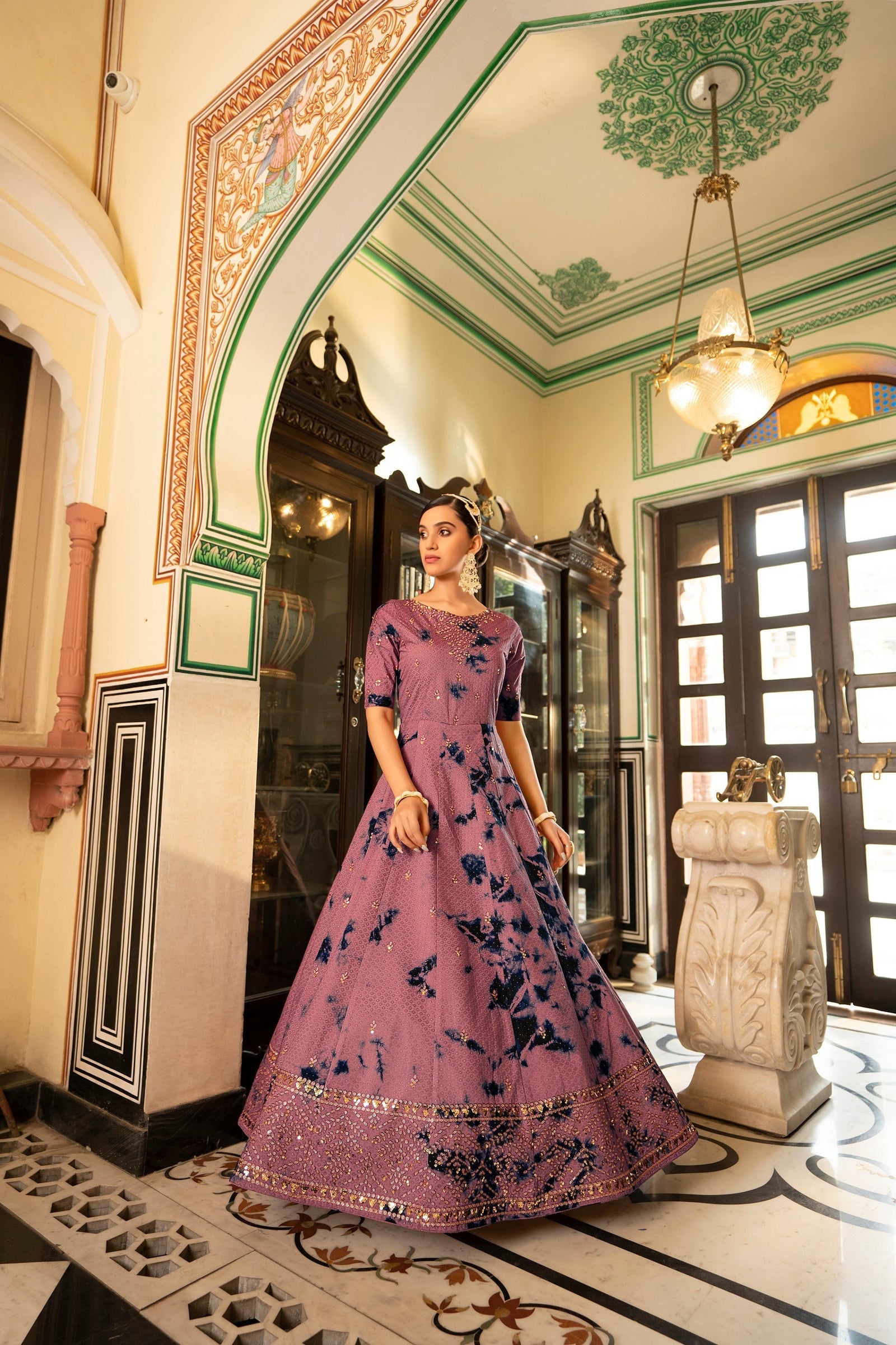 Party Wear Dusty Pink Color Shibori Print With Embroidered Gown Clothsvilla
