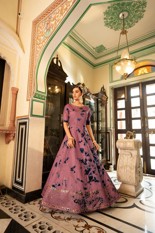 Party Wear Dusty Pink Color Shibori Print With Embroidered Gown Clothsvilla