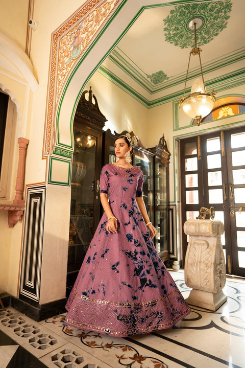 Party Wear Dusty Pink Color Shibori Print With Embroidered Gown Clothsvilla Main image