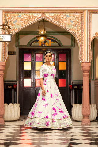 Party Wear White Color Shibori Print With Embroidered Gown Clothsvilla