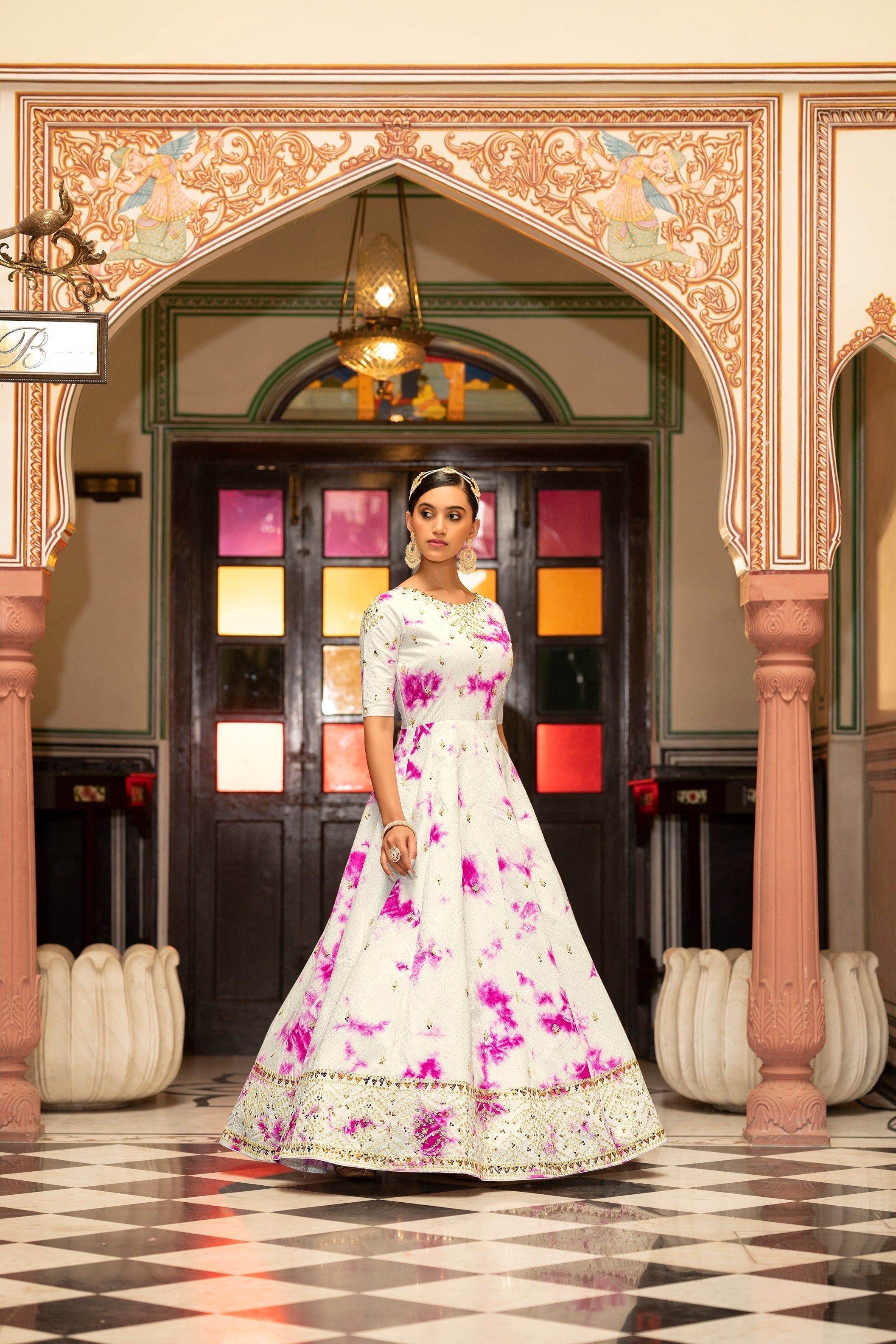 Party Wear White Color Shibori Print With Embroidered Gown Clothsvilla