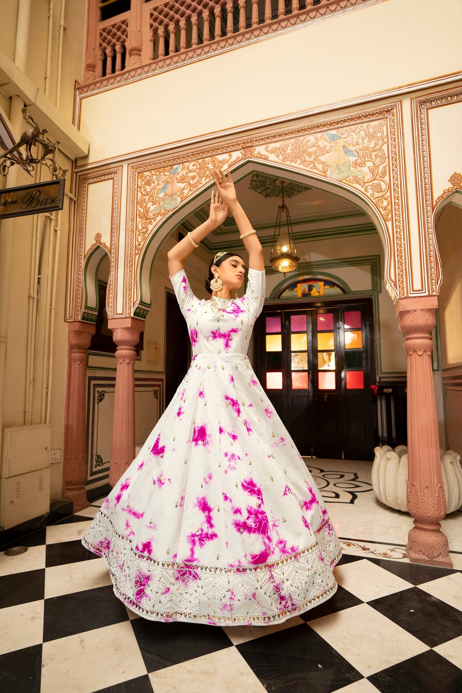 Party Wear White Color Shibori Print With Embroidered Gown Clothsvilla