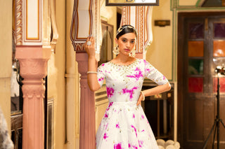 Party Wear White Color Shibori Print With Embroidered Gown Clothsvilla