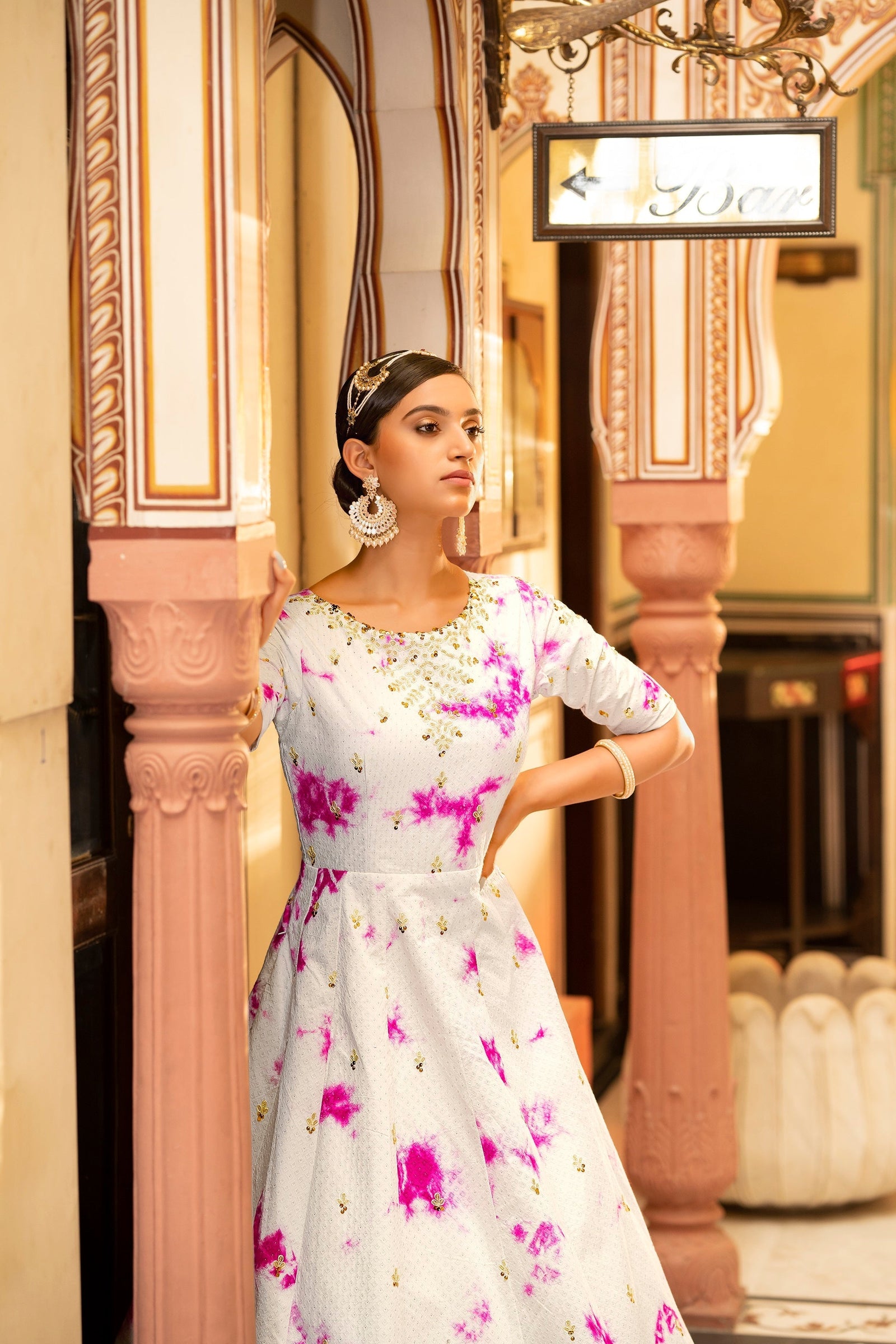 Party Wear White Color Shibori Print With Embroidered Gown Clothsvilla