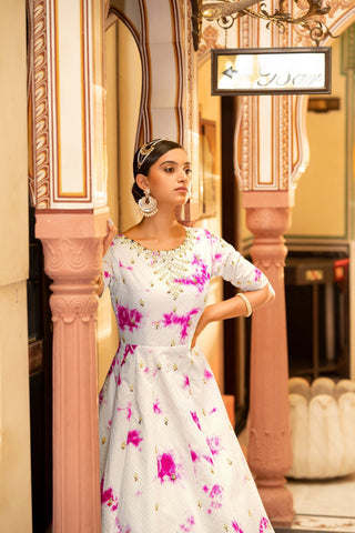 Party Wear White Color Shibori Print With Embroidered Gown Clothsvilla