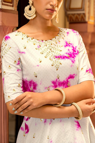 Party Wear White Color Shibori Print With Embroidered Gown Clothsvilla