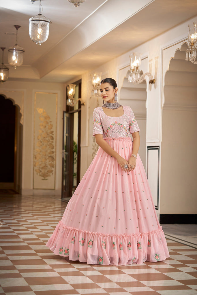 Party Wear Pink Color Thread & Sequins Embroidered Work Anarkali Gown Clothsvilla