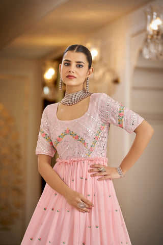 Party Wear Pink Color Thread & Sequins Embroidered Work Anarkali Gown Clothsvilla